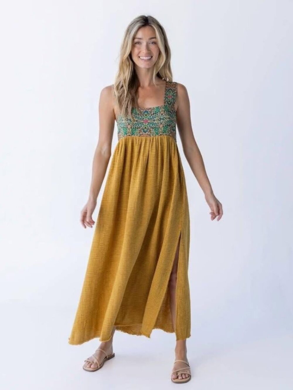 Natural Life Tricia Maxi Dress-Mustard Gauze
